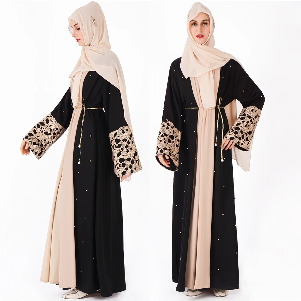 

2019 EID islamic abaya kimono black women long with lace and batwing sleeve front open beading dubai abaya Kimono, Black dubai abaya