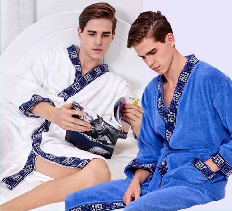 

A5073 Men's Warm and Soft White Towel Fabric Cotton Dark Blue Spa Robe Bathrobe