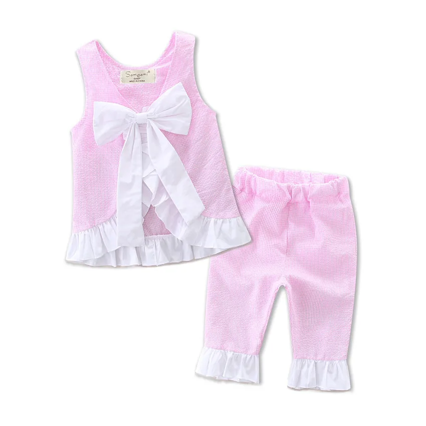 

Ins summer dresses girls seersucker suit for children, Pic