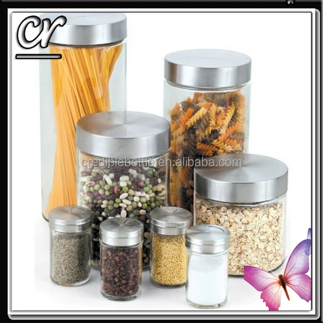 
Glass Canister And Spice Jar Set Kitchen Storage Stainless Jars Lids New 