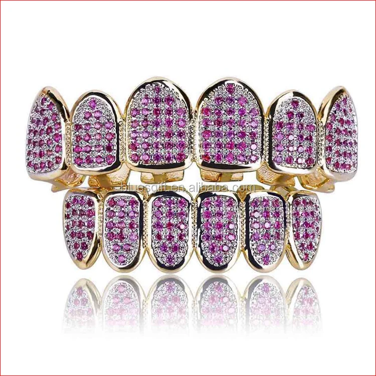 

Blues RTS Fashion Gold Plated Halloween teeth grillz with purple CZ stones TG126, Silver,realll gold