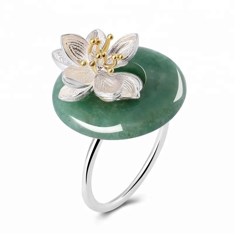 

Mother's Day Best Gift Luxury Jewelry Natural Jade Blooming Lotus Handmade Rings 925 Sterling Silver for Women