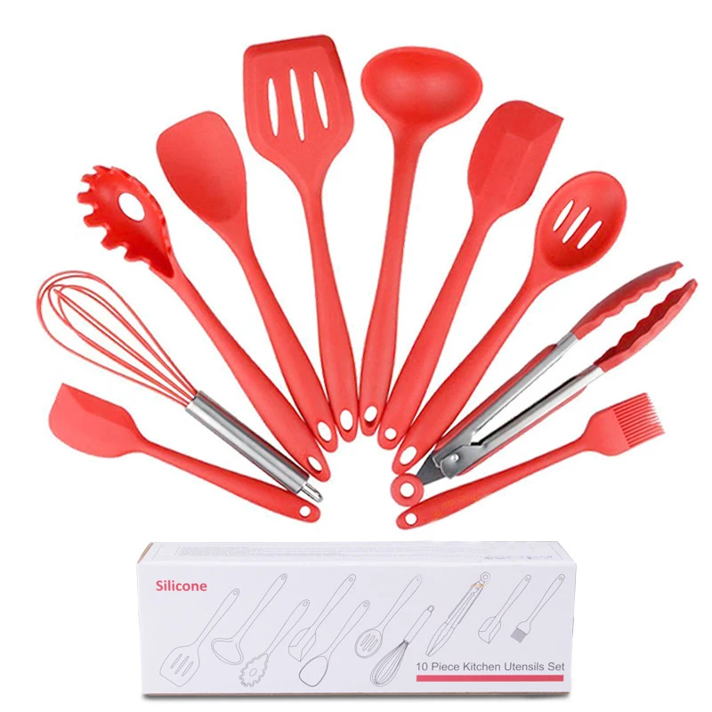 

Non-Stick BPA Free Heat Resistant Cooking Utensil Set 10pcs Silicone Kitchen Tools Custom Silicone Kitchen Utensil, Black;red