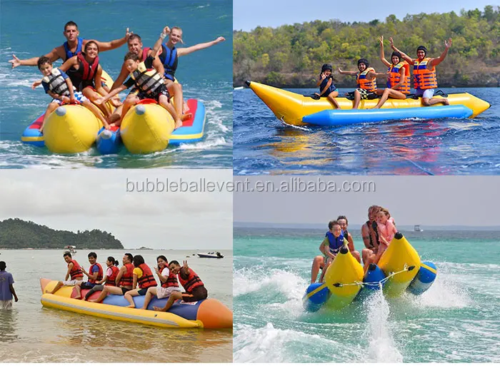 Crazy water park amusement inflatable flying fish towable banana water boat for water game 