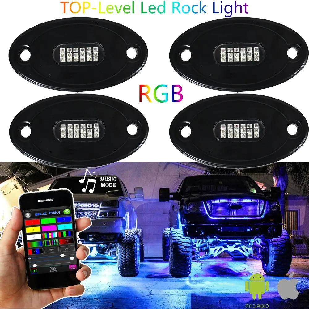 RGB LED Rock Lights with Blue tooth Controller Music Mode  4 Pods Multicolor Neon LED Light Kit