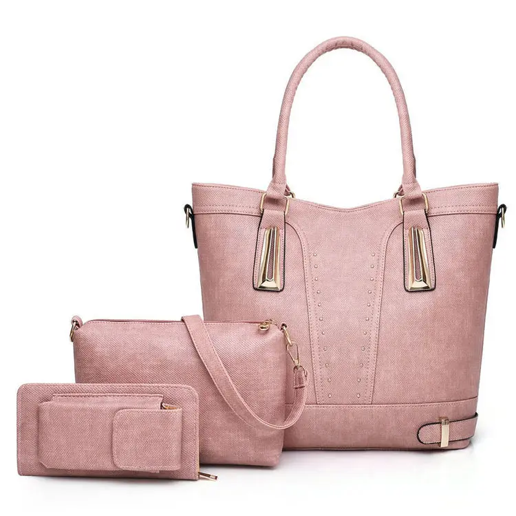 

Bolsas De Piel Sewing Thread Women Cross Body Bag Rivet Decoration 3 Piece Handbag Set