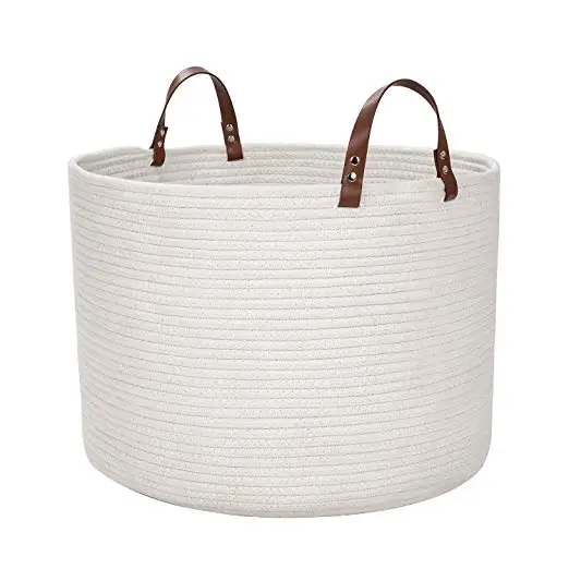 

QJMAX XXL Large Woven Baby Laundry Basket With Leather Handle Collapsible Cotton Rope Basket For Diapers And Toys, Natural / dyed