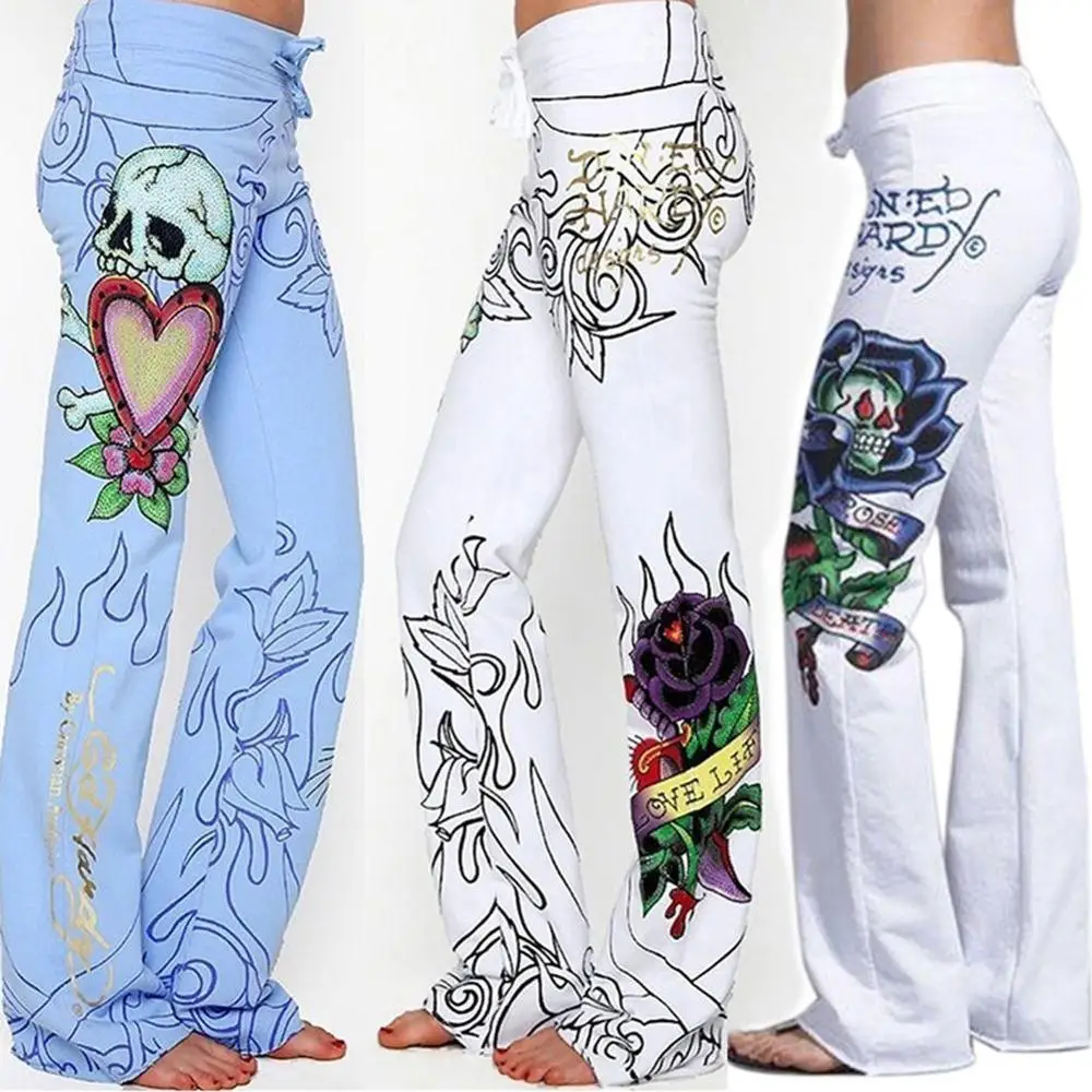 

Plus size S-5XL Fashion Women Baggy Skull Rose High Waist Printed Long Pants Hippie Wide Leg Boho Blue White Trousers Flower, As shown
