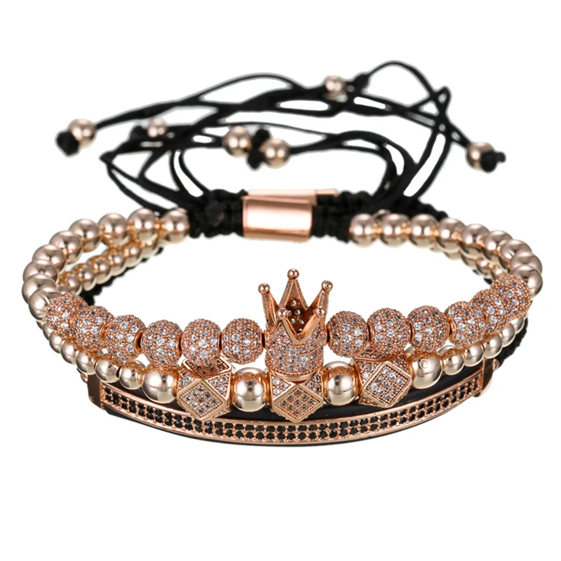 

High Quality Best Sale 3PCS/set Handmade Rope Braided Bracelet  Iced Out Zirconia Bead Royal Crown Bracelet Set, Gold;silver;rose;black