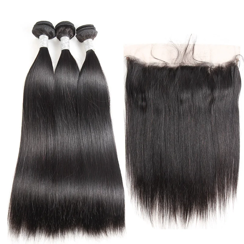 

Top Grade Cuticle Aligned hair Raw Unprocessed Virgin Brazilian Straight Hair Bundles With Frontal Ear To Ear Closure, Natural color