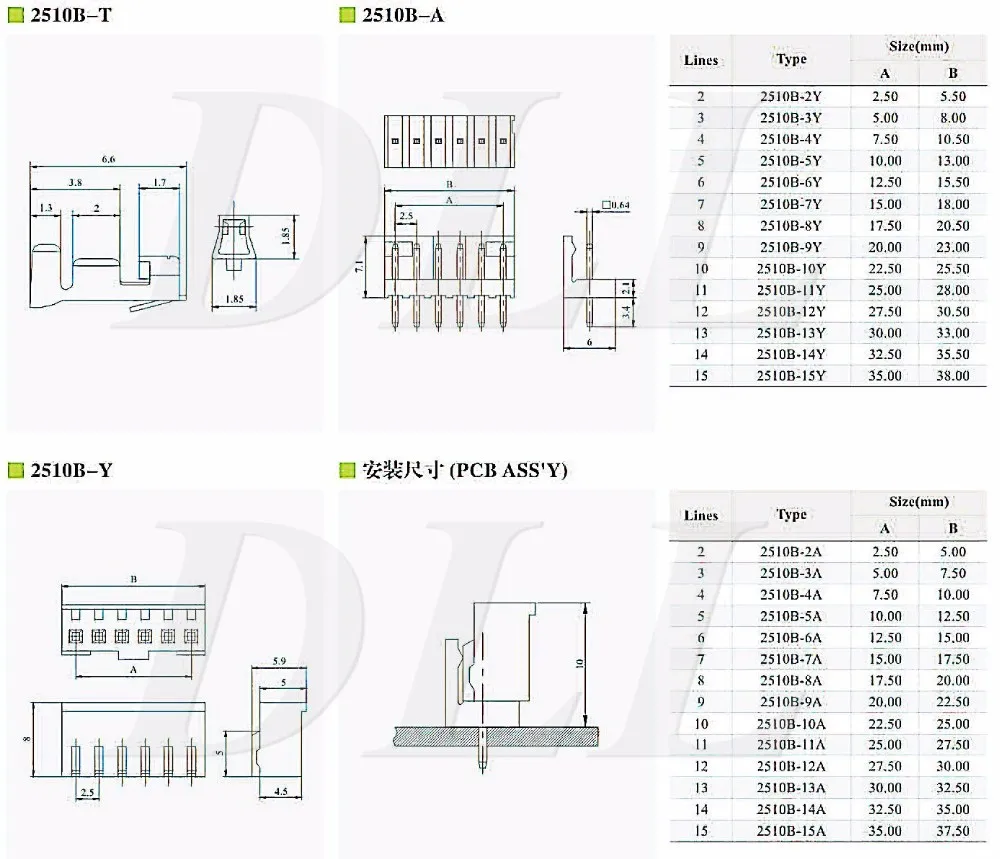 Fil de connecteur de pas de la carte PCB 2510B 2.5mm pour embarquer le connecteur DIP