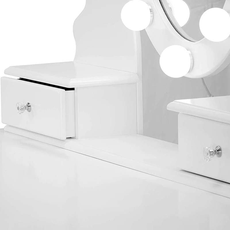 White Dressing Table With Stool And Led Lights With 5 Drawers And