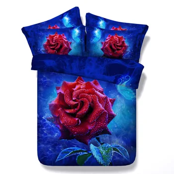 Dewy Red Rose On Smoky Blue 3d Floral Bedding Set Buy Rose