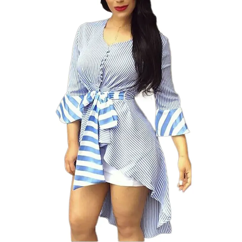 

Casual Asymmetric Striped Shirt Dress