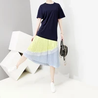 

##2019 Korean Style Women Blue Patchwork Pleated Dress O Neck Short Sleeve Female Cute Wear Casual Midi Dress Loose Vestidos