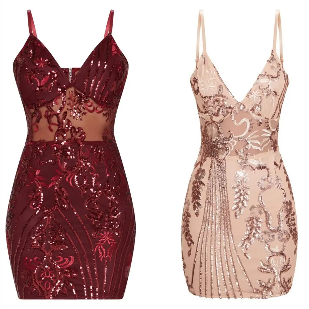 

2019 wholesale good quality knee-length fashion solid sleeveless sexy sequin backless women party sexy slim mini dress, Red and naked pink;or other color as required