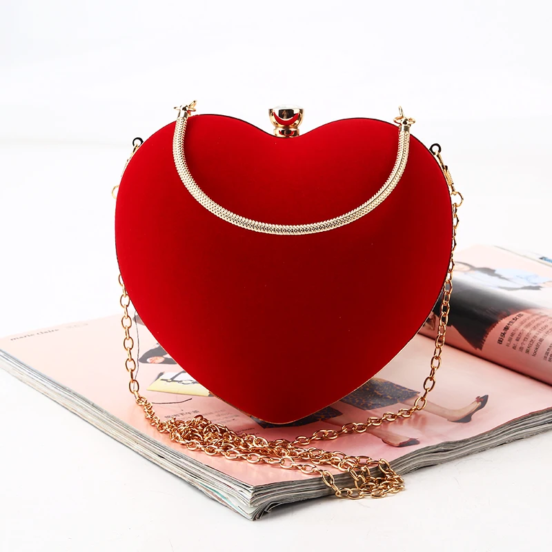 

Factory direct wholesale brand new velour clutches heart-shaped metal frame evening bag metal handle for party wedding banquet, Red/customized colors