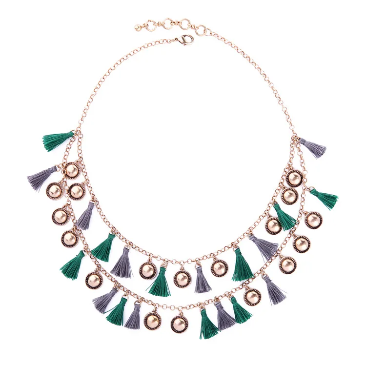 

Fashion Printed Beaded Layer Green Tassel Necklace