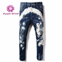 

2019 ODM/OEM Factory price blue denim fabrics men disstressed print jeans knee hole ripped crush jeans pants