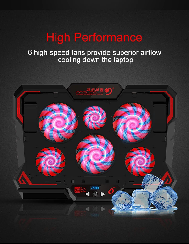 Coolcold Laptop cooler 6 silent led fans usb laptop cooling fan ajustable gaming notebook cooler for 17 Inch laptop