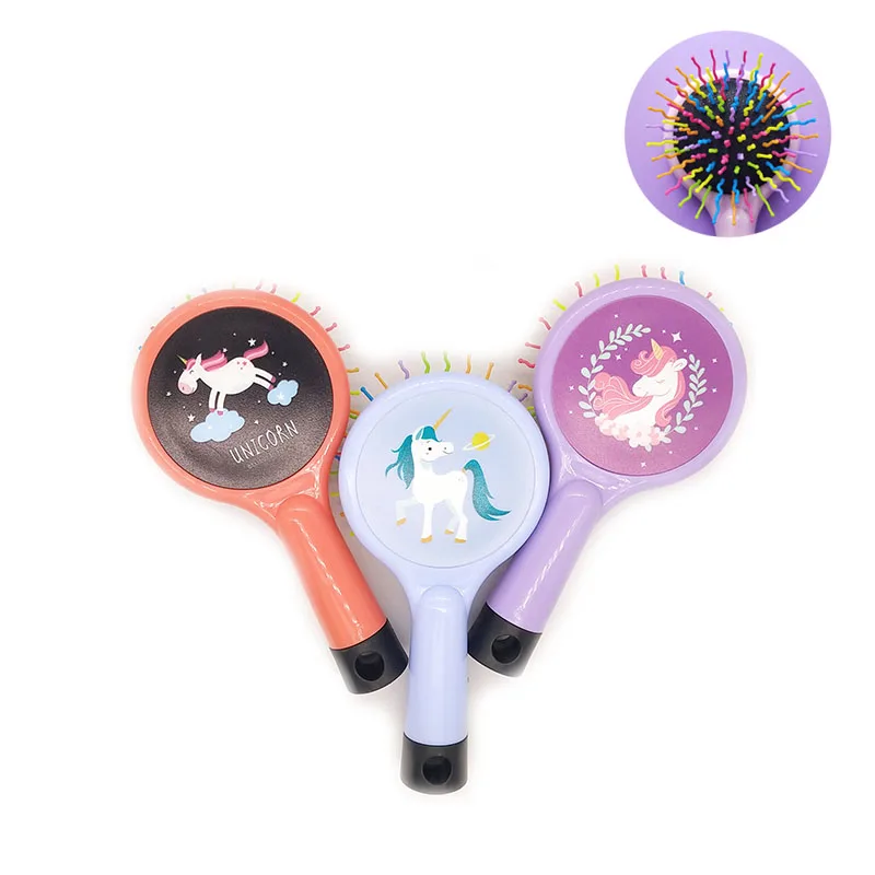 

Low MOQ Carton Creative Gift Rainbow Nylon Teeth Kids round Hair Brush in Stock, Customized color