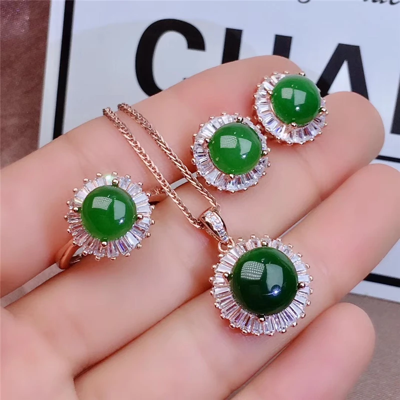 

Wholesale silver 925 natural green jade gold jewelry sets for women