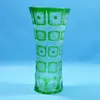 Green Bohemian Czech hand cut to clear crystal glass vase engraved with delicate pattern