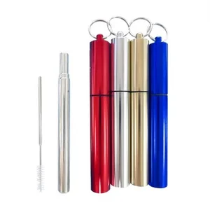 Image of Portable Telescopic Stainless Steel Drinking Straw Travel Eco Friendly Reusable Straw with cleaning Brush and Metal Carry Case
