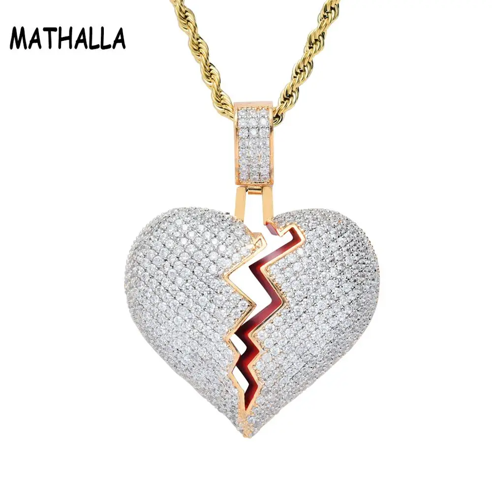 

Hip Hop Jewelry Enamel Micro Paved CZ Love Couple Charm Cubic Zirconia Iced Out Broken Heart Pendent Necklace Wholesale, Gold;silver;double color