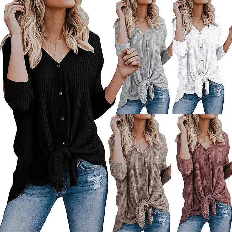 

Womens Waffle Knit Tunic Blouse Tie Knot Henley Tops Loose Fitting Bat Wing Plain Shirts, Black/gray