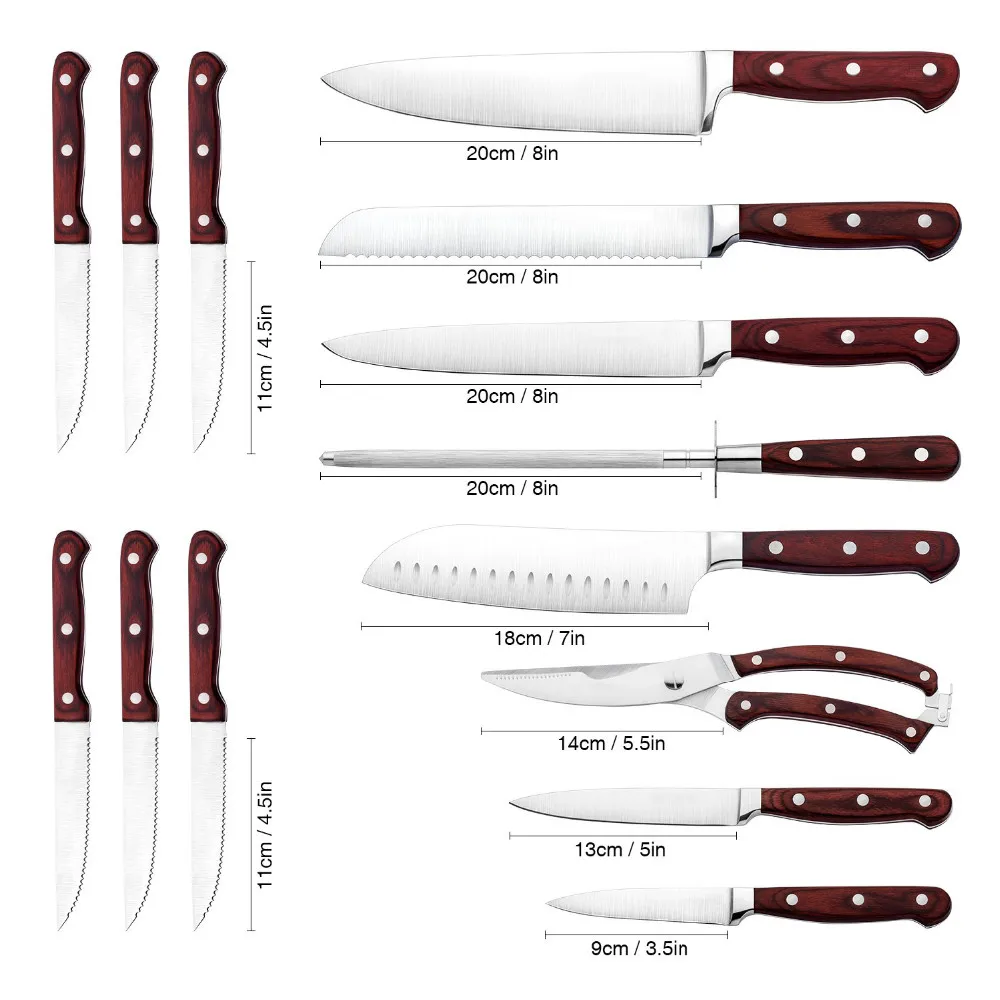 15pieces Kitchen Knife Wood Handle With Knife Block Holder Chef Knives