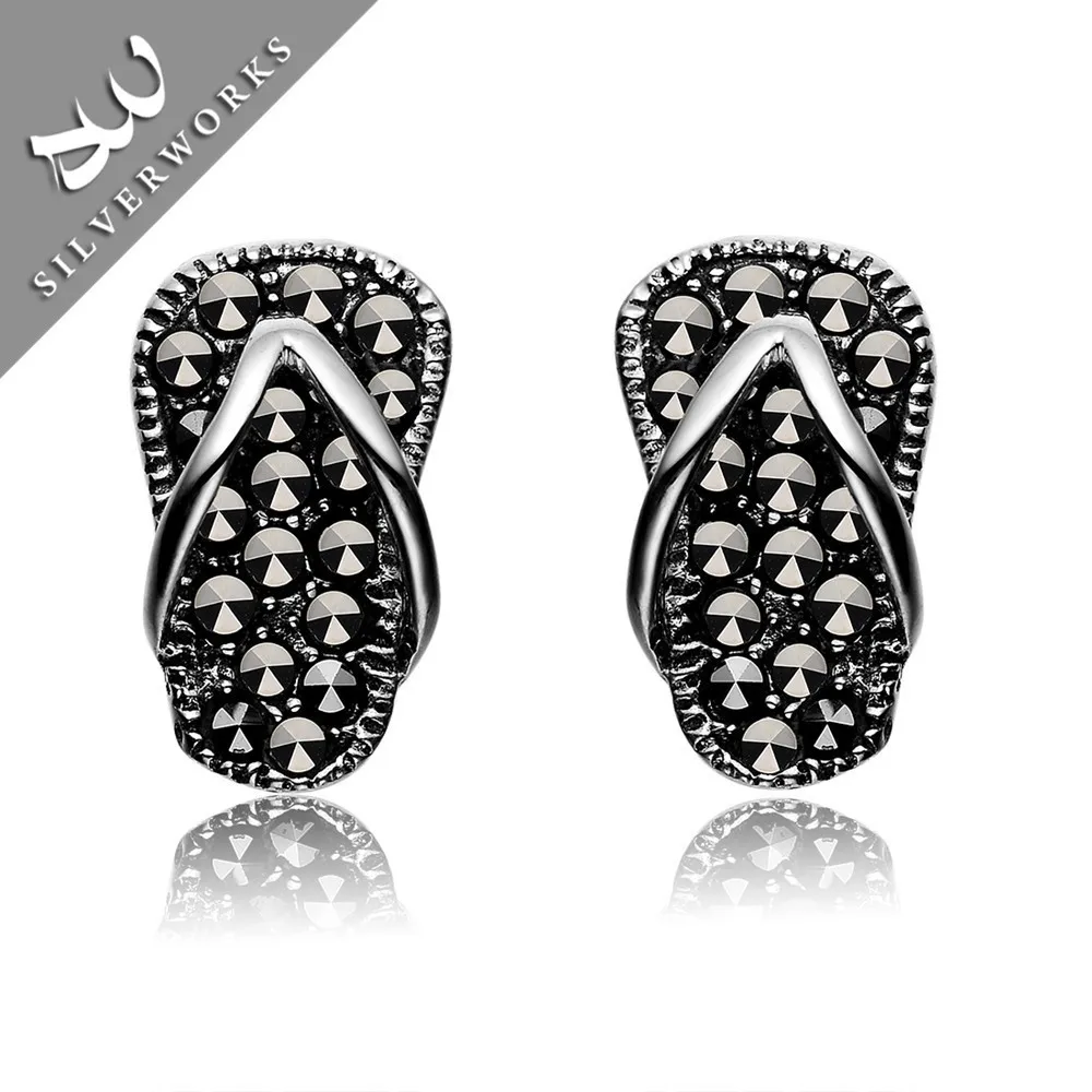 High Quality Thai Silver Colored Stone Stud Earrings,Mens Black Antique Silver Earrings