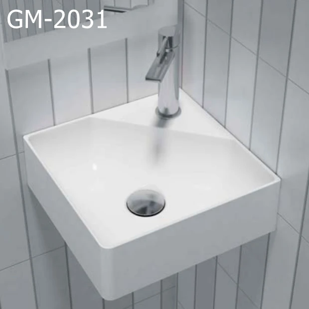 GM-2031  white  square small size solid surface artificial stone  wall-hung basin