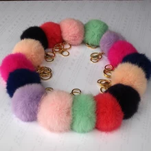 Gold Plated Keychain Charm Genuine Rabbit Fur Ball Pom Pom Keychain for Car Key Ring Handbag