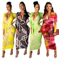 

Women's Deep V Neck printed chain Beach Long maxi Dress 2019 June New Design Full Sleeve bohemian DRESS