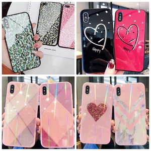 Pink Style Glossy Tempered Glass Phone Case for iPhone 7 8 Plus X XS Max for Girls TPU PC Back Covers for i Phone 6s XR Shell