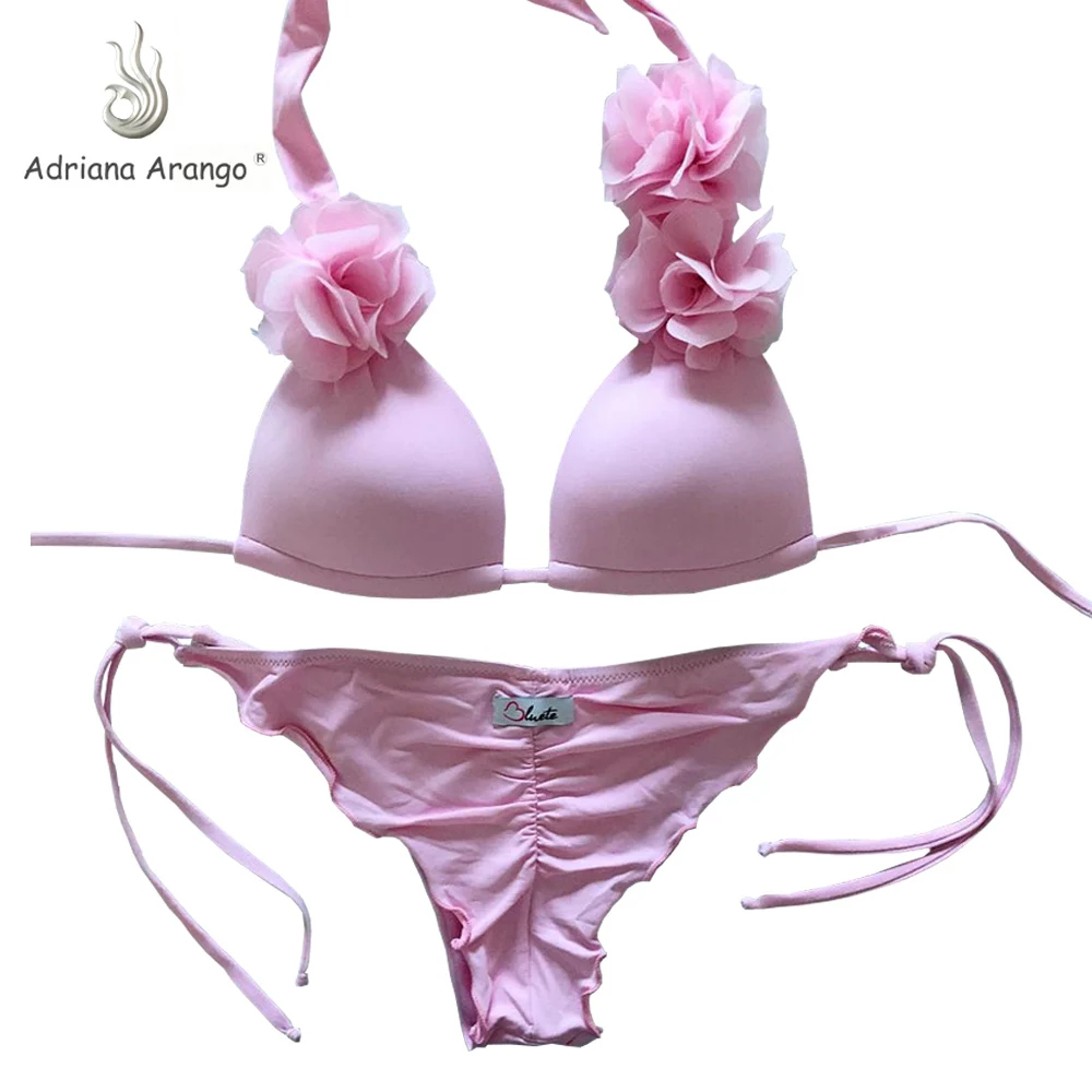 

Adriana Arango Ruffle Mature Swimwear 2018 Solid High Waist Bandeau Bikini, Pink