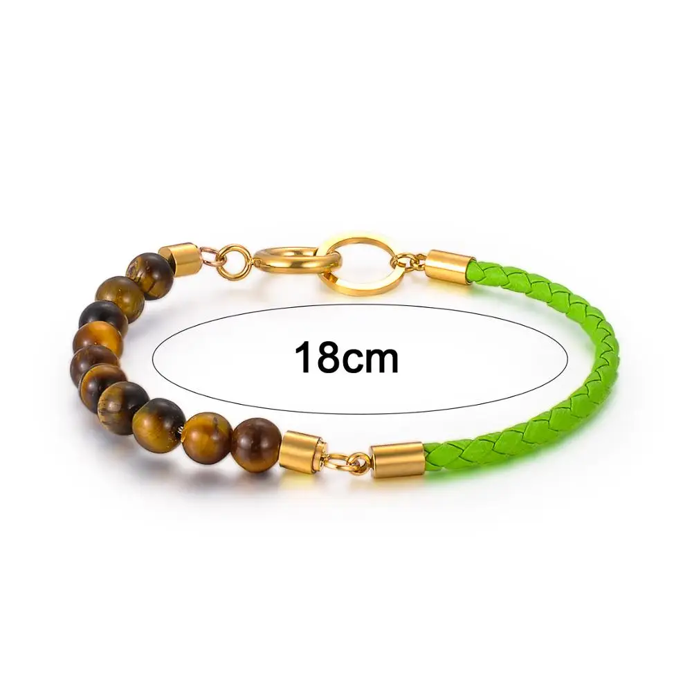 Ladies Fashion New Design Braided Black Leather Tiger Eye Stone Bead Gemstone Bracelet For Women