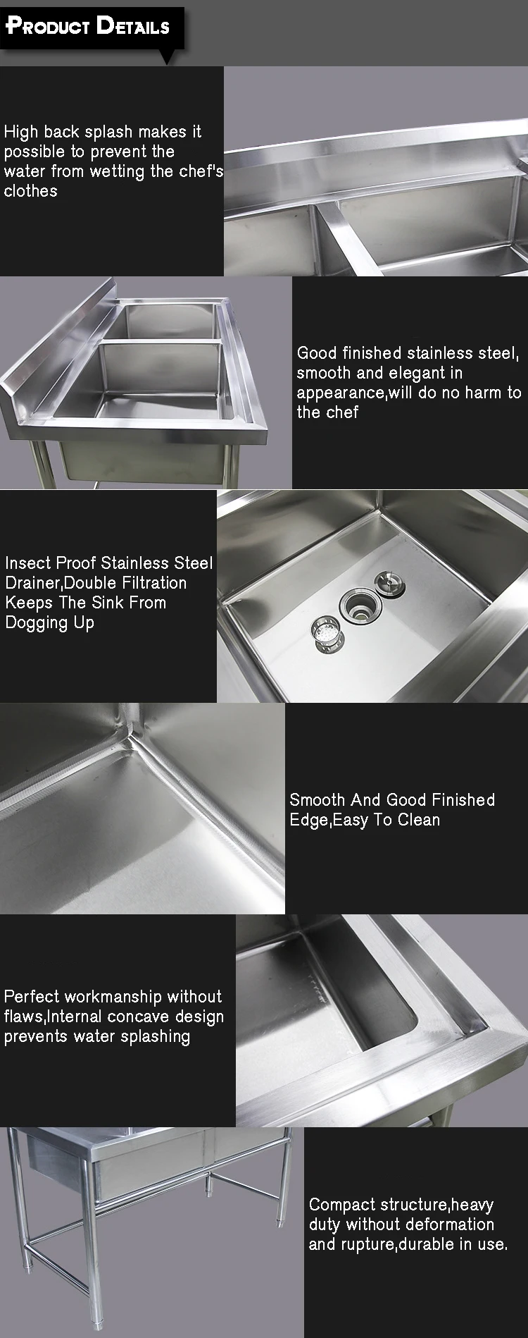 Free Standing Commercial Kitchen Sinks/Stainless Steel Freestanding Kitchen Sinks/Stainless Steel Double Sink For Hotel