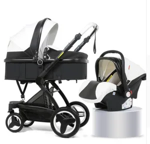 Image of Belecoo high-grade luxury baby stroller with basket PU leather 3 in 1 folding infant pram