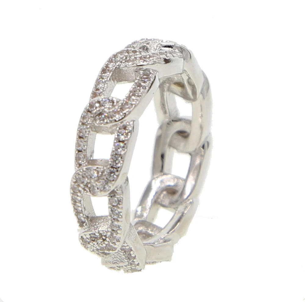 silver rock hiphop bling iced out bling cz cuban link chain ring for women men
