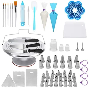Image of Aluminum Rotating Turntable 177 PCS Cake Decorating Tools Baking Supplies Fondant Tool Kit Piping Icing Tips Supplies Stand Set