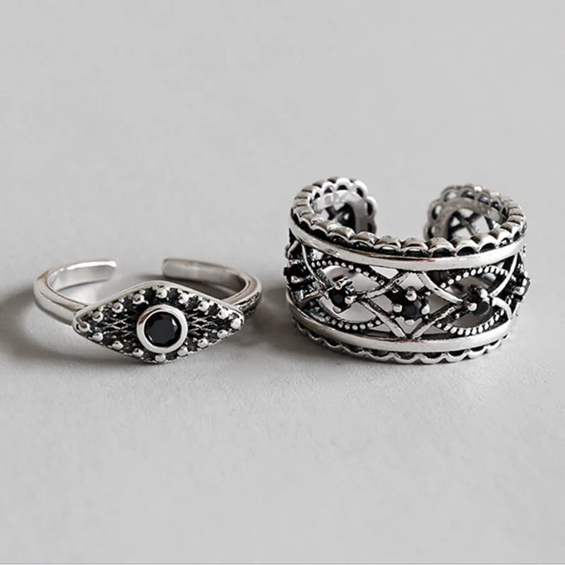 

100% S925 Sterling Silver Ring Stylish Eye Carved With Black Zircon Finger Ring For Women
