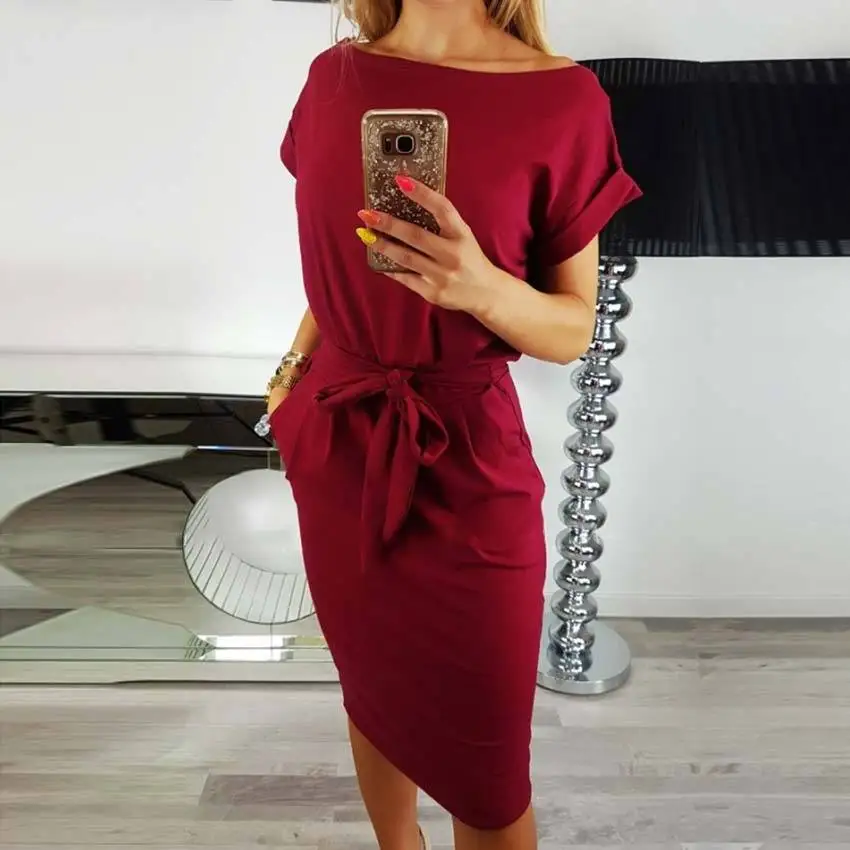 

2019 Typical New autumn and summer summer dresses sexy cross-border foreign trade belt pocket dress