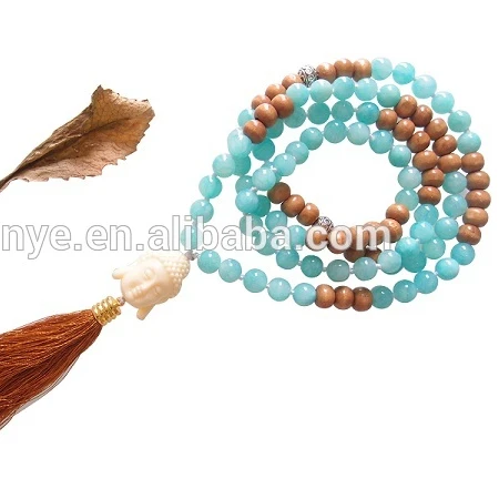 

108 Wooden Gemstone Buddha Head Tassel Pendant Yoga Mala Beaded Prayer Necklace