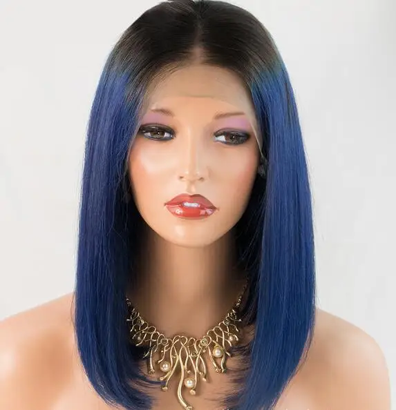 1B/Blue ombre color Lace Front Wig/full lace PrePlucked with Baby Hair Brazilian Virgin Human Hair Full End Short Bob Wigs