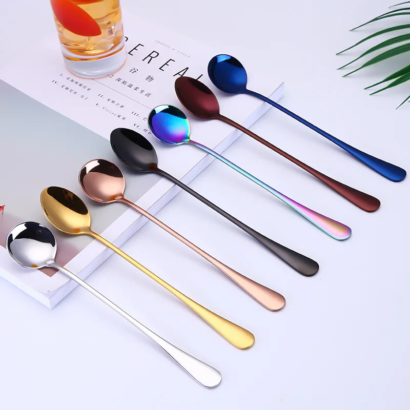 

Stainless Steel Long Handle Teaspoons Stirring Tea Coffee Spoon Ice Cream Spoon Bar Drink Cocktail Mixing Spoon Colher, Silver,gold,rosegold,purple ,black,blue