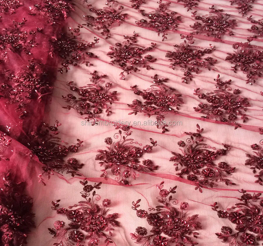 High Quality Metallic Machine Embroidery Grey Beaded Lace Tulle Fabric