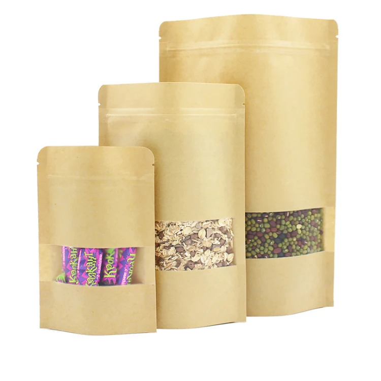 
Custom Printed Brown Kraft Paper Pouches Ziplock Bags With Clear Window 