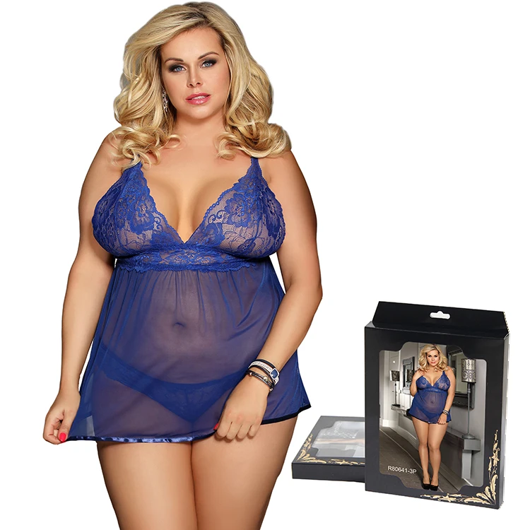 

Plus Size Blue Flora Lace Sexy Transparent Womens Lingerie Babydoll